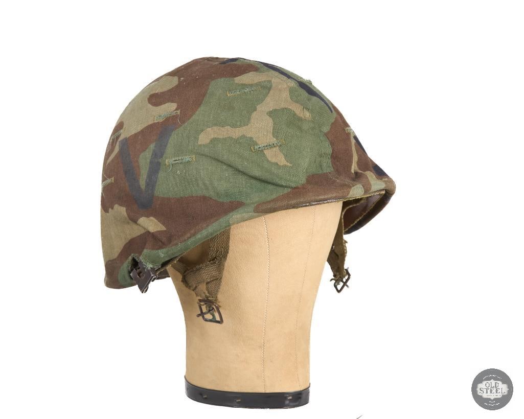 US M1 Helmet with Woodland Camo Cover Jump Liner Vietnam War: US M1 Helmet with Woodland Camo Cover. Jump Liner. No chinstrap Camouflage appears to be M81 and not ERDL pattern indicating a post Vietnam cover. THIS ITEM IS AS PICTURED WITH NO