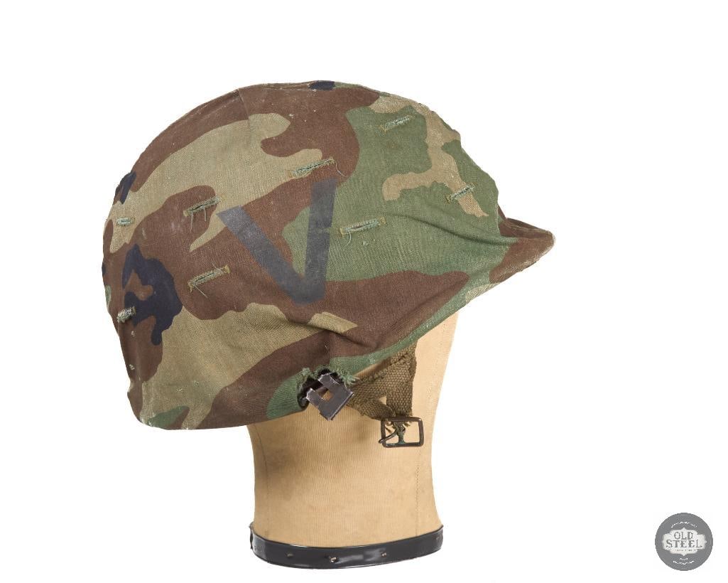 US M1 Helmet with Woodland Camo Cover Jump Liner Vietnam War - 3