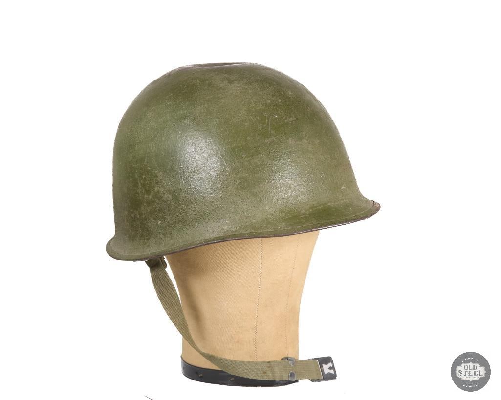 US M1 Helmet Vietnam War: US M1 Helmet. Dent in dome top. Partial chinstrap. Liner Marked M11 THIS ITEM IS AS PICTURED WITH NO FURTHER ATTACHMENTS. ALL SALES ARE FINAL. PLEASE REFER TO THE AUCTION DESCRIPTION, LOT