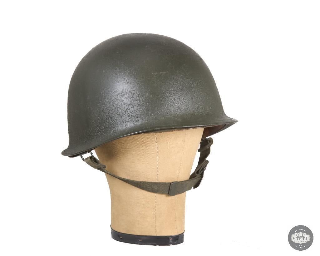 US M1 Helmet WWII Firestone Liner: US WWII M1 Helmet with Firestone liner. Rear seam shell with worn heat stamp and prominent S on the bill. THIS ITEM IS AS PICTURED WITH NO FURTHER ATTACHMENTS. ALL SALES ARE FINAL.