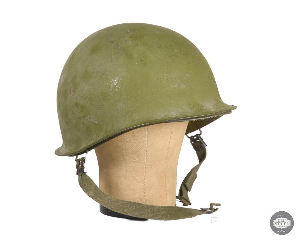 US M1 Helmet Shell and Liner - Post Vietnam War: A US M1 helmet with shell (cracked at rear 1.5 inch straight up from rim seam.) and empty liner. THIS ITEM IS AS PICTURED WITH NO FURTHER ATTACHMENTS. ALL SALES ARE FINAL. PLEASE REFER