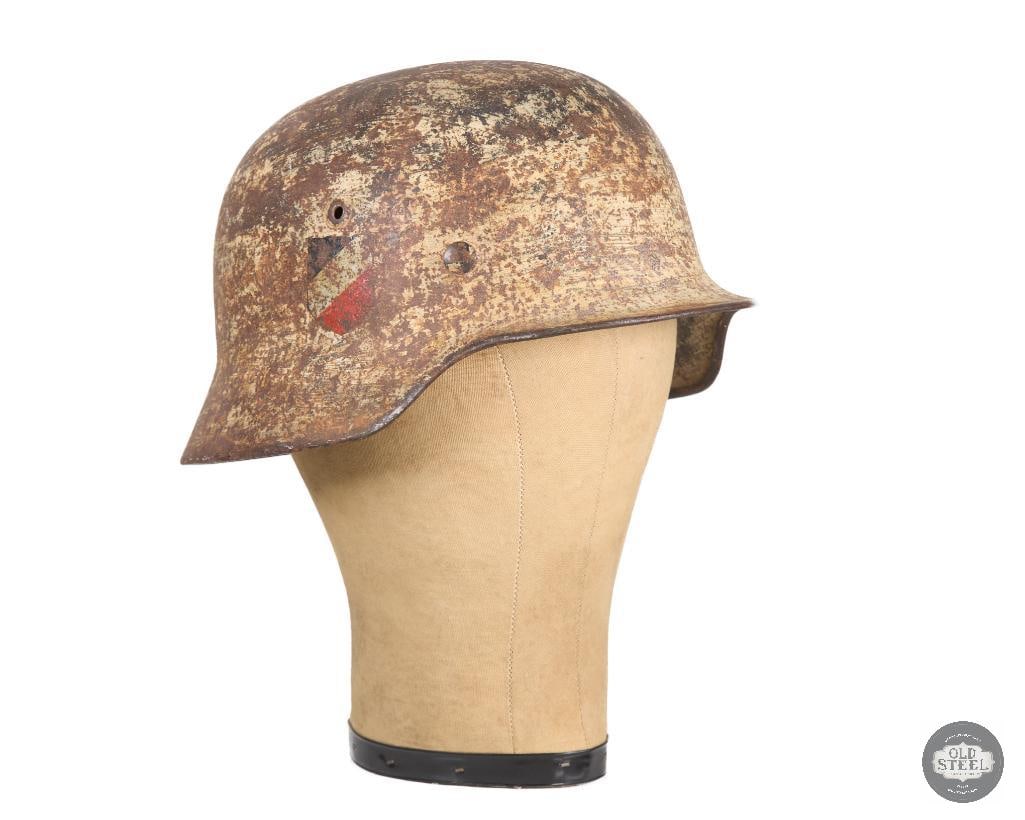 M35 Double Decal Heer German WWII Helmet: M35 WWII Heer double decal helmet with risidual tan tropical paint color. Good liner and no chinstrap. THIS ITEM IS AS PICTURED WITH NO FURTHER ATTACHMENTS. ALL SALES ARE FINAL. PLEASE