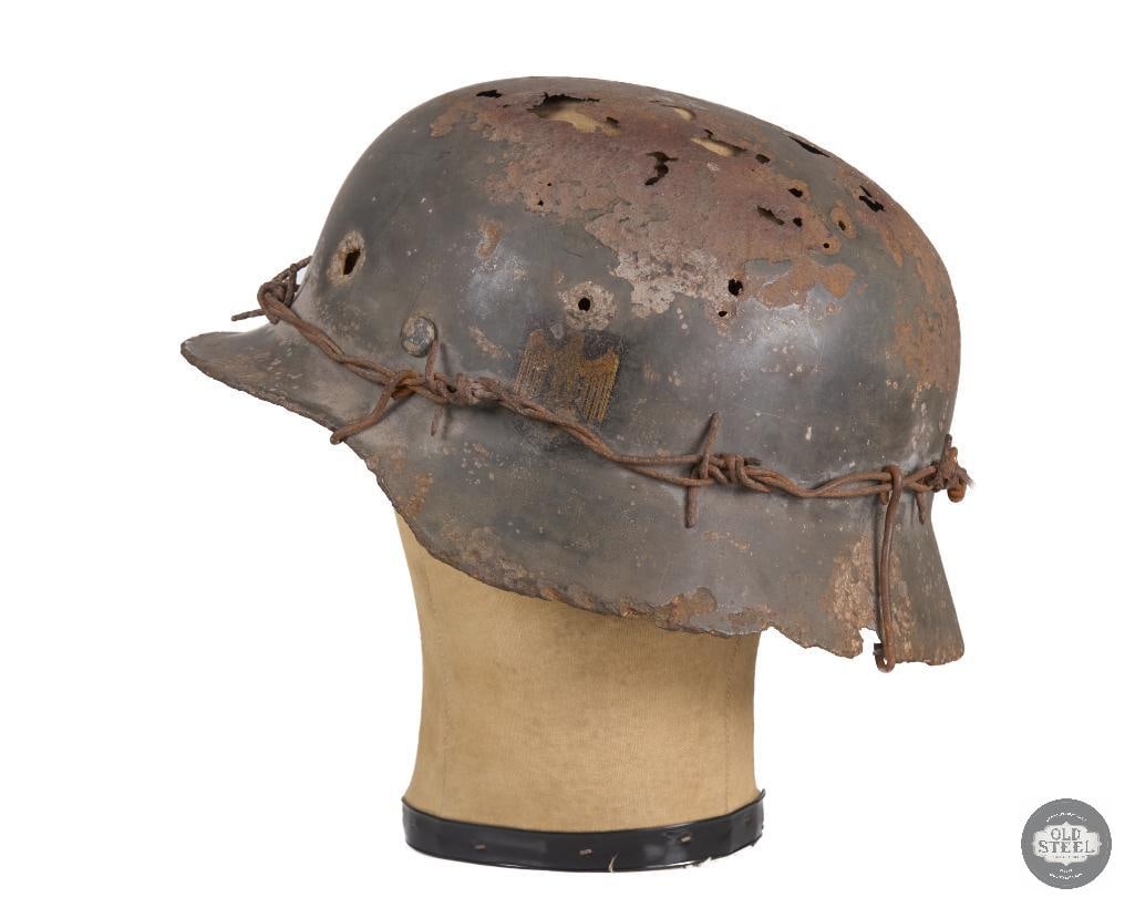 M40 German WWII Heer Helmet Shell with Barbed Wire Band - 7