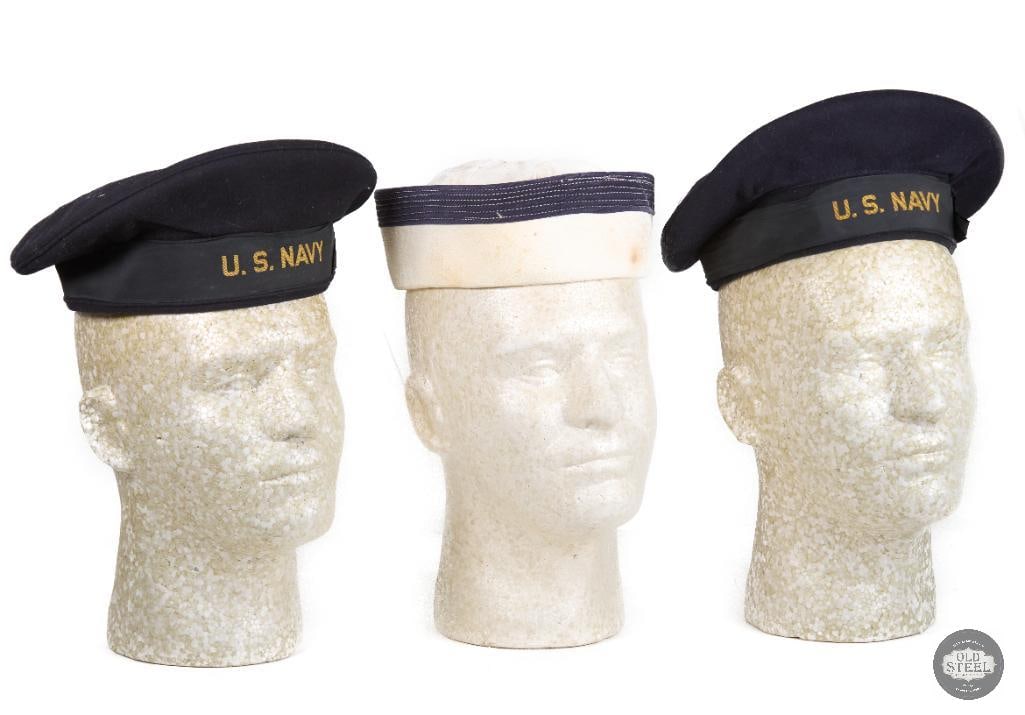 Trio of US Naval 'Donald Duck' Hats WWII: Trio of US Naval 'Donald Duck' Hats WWII THIS ITEM IS AS PICTURED WITH NO FURTHER ATTACHMENTS. ALL SALES ARE FINAL. PLEASE REFER TO THE AUCTION DESCRIPTION, LOT #1 DESCRIPTION AND TERMS