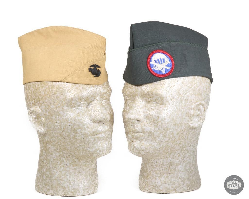 Pair of US Military Garrison Caps - USMC and US Army WWII: Khaki colored USMC garrison cap and a green Glider Regiment garrison cap. THIS ITEM IS AS PICTURED WITH NO FURTHER ATTACHMENTS. ALL SALES ARE FINAL. PLEASE REFER TO THE AUCTION DESCRIPTION,