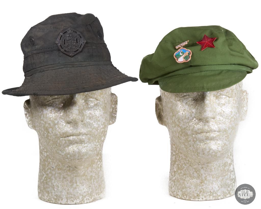 Chinese Mao Type 65 Cap with Medals and Australian Boonie with Cap Badge: Chinese Type 65 Mao cap with red star insignia and great wall of China medal paired with a black dyed boonie with a Regiment of Sydney University badge. THIS ITEM IS AS PICTURED WITH NO