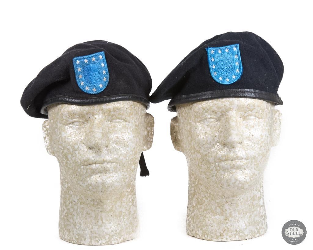 Pair of US Army Black Berets with Blank Flashes: Two US Army black berets with no unit insignias on the flash. These are in a state that suggests they were issued so they are from the period of time when soldiers graduate basic training and before