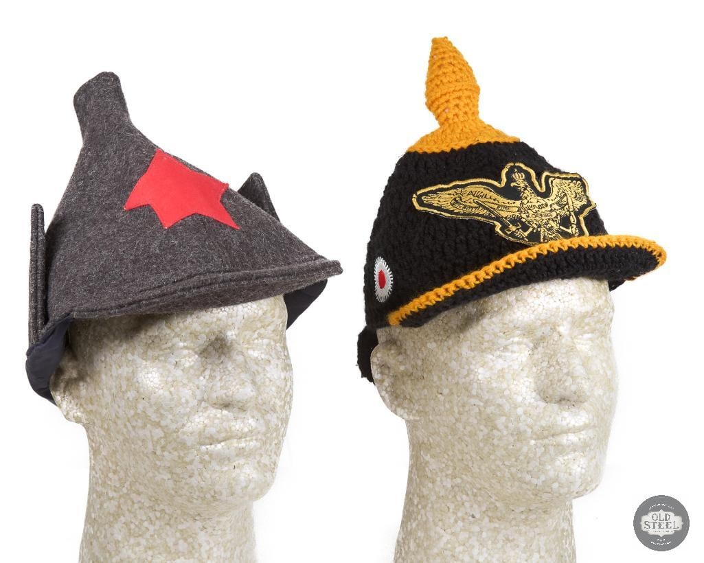 Soviet Budenovka Cap and Knit Pickelhaube Helmet Hat: Pair of novelty caps with one being a rather large wool Soviet Budenovka cap repro and a fun knit cap resembling the Imperial German Pickelhaube helmet. 