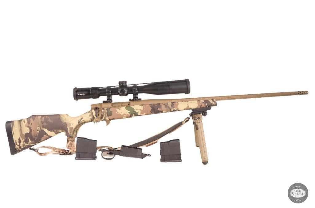 Weatherby Vanguard 6.5 Creedmoor Camo Stock, FDE Cerakote, Vortex Diamondback Tactical 4-16x: This Weatherby Vanguard is chambered in 6.5 Creedmoor and configured for precision shooting and hunting applications. It features a camo-pattern stock paired with an FDE Cerakote finish for added dura