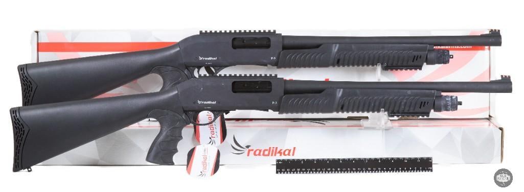 Lot of 2 Radikal Arms 12GP3 Pump Action Shotguns 12 Gauge with Boxes: This lot includes two Radikal Arms 12GP3 pump action shotguns chambered in 12 gauge, each complete with its original box. The 12GP3 features a modern pump-action design built for reliable cycling and