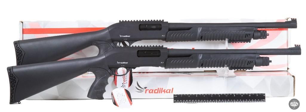 Lot of 2 Radikal Arms 12GP3 Pump Action Shotguns 12 Gauge with Boxes: This lot includes two Radikal Arms 12GP3 pump action shotguns chambered in 12 gauge, each complete with its original box. The 12GP3 features a modern pump-action design built for reliable cycling and