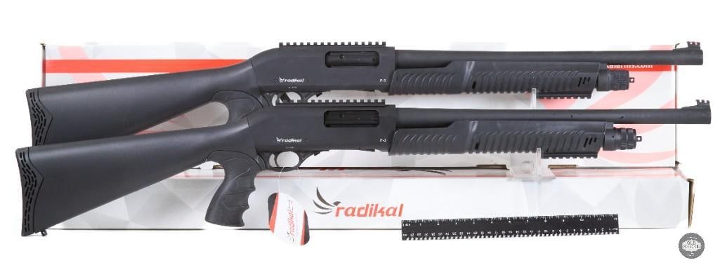 Lot of 2 Radikal Arms 12GP3 Pump Action Shotguns 12 Gauge with Boxes: This lot includes two Radikal Arms 12GP3 pump action shotguns chambered in 12 gauge, each complete with its original box. The 12GP3 features a modern pump-action design built for reliable cycling and