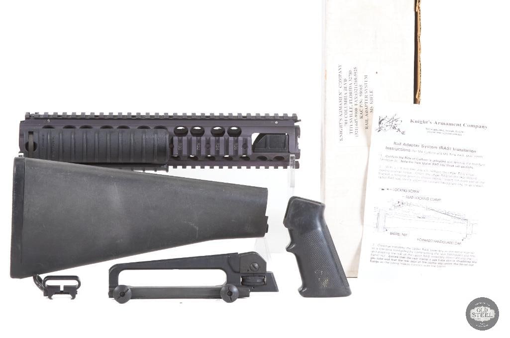 Military Surplus M16A4 Furniture Set KAC Handguard Carry Handle & Fixed Stock: Up for auction is a genuine military surplus M16A4 furniture set featuring a Knight's Armament quad rail handguard, fixed rifle stock, A2 pistol grip, detachable carry handle, and Picatinny sling loop