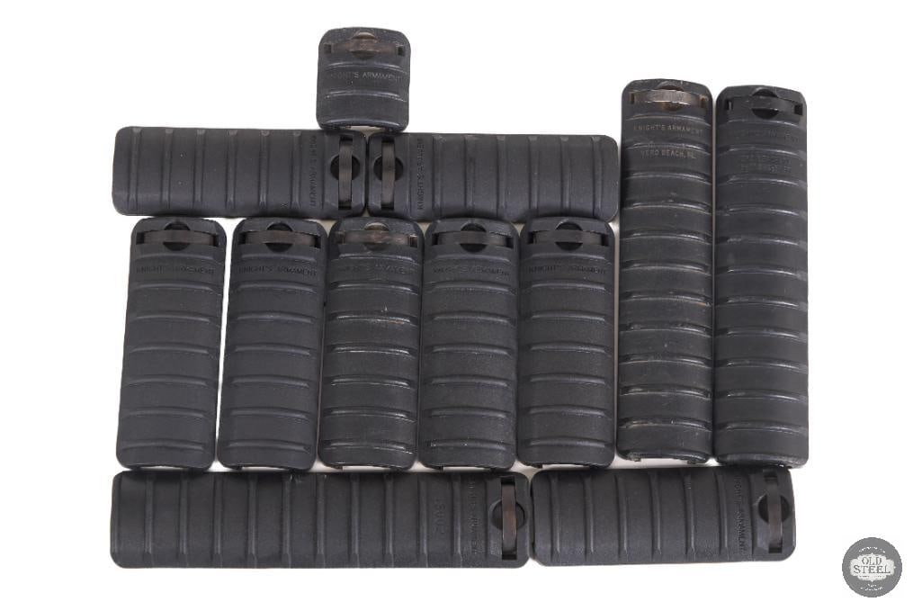 Lot of 12 Knights Armament Ribbed Rail Covers Various Sizes, AR15 Picatinny: This lot includes 12 Knights Armament ribbed rail covers in various sizes, designed for AR15 and other Picatinny-equipped rifle platforms. Featuring the classic ribbed texture, these covers provide a 