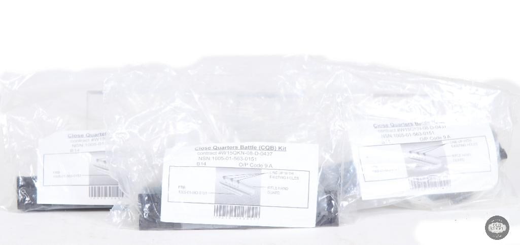 Lot of 3 Military Surplus CQB Rail Kits M4 Plastic Handguard Attachment Rails (New in Bag): This lot includes three new-in-bag military surplus Close Quarters Battle (CQB) rail kits designed for M4-style plastic handguards. These rail segments attach to standard polymer handguards, providing