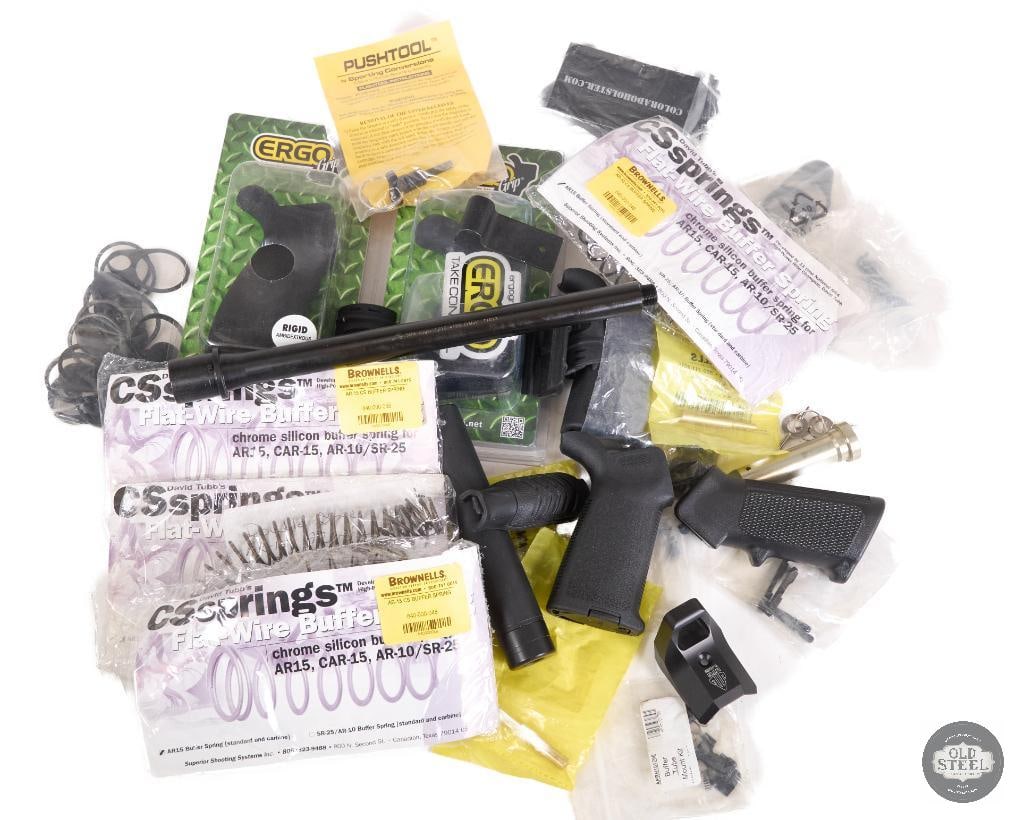 Lot of Various AR15 Gun Parts Includes 9mm Barrel, Grips, Buffers, Springs & Hardware: This lot includes a mixed selection of AR15 and related firearm components, offering a wide range of parts suitable for multiple build and maintenance projects. Included are a 9mm barrel along with va