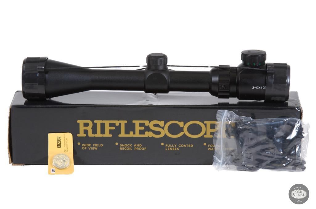3-9x Illuminated Rifle Scope with Rings New in Box: This 3-9x illuminated rifle scope is a versatile optic designed for a wide range of rifle platforms, offering adjustable magnification for both close and mid-range shooting applications. The