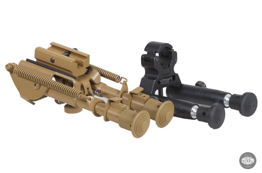Lot of 2 Rifle Bipods One FDE & One Black: This lot includes two rifle bipods, featuring one Flat Dark Earth (FDE) model and one black model. Designed to provide a stable shooting platform, these bipods are well-suited for precision shooting, 