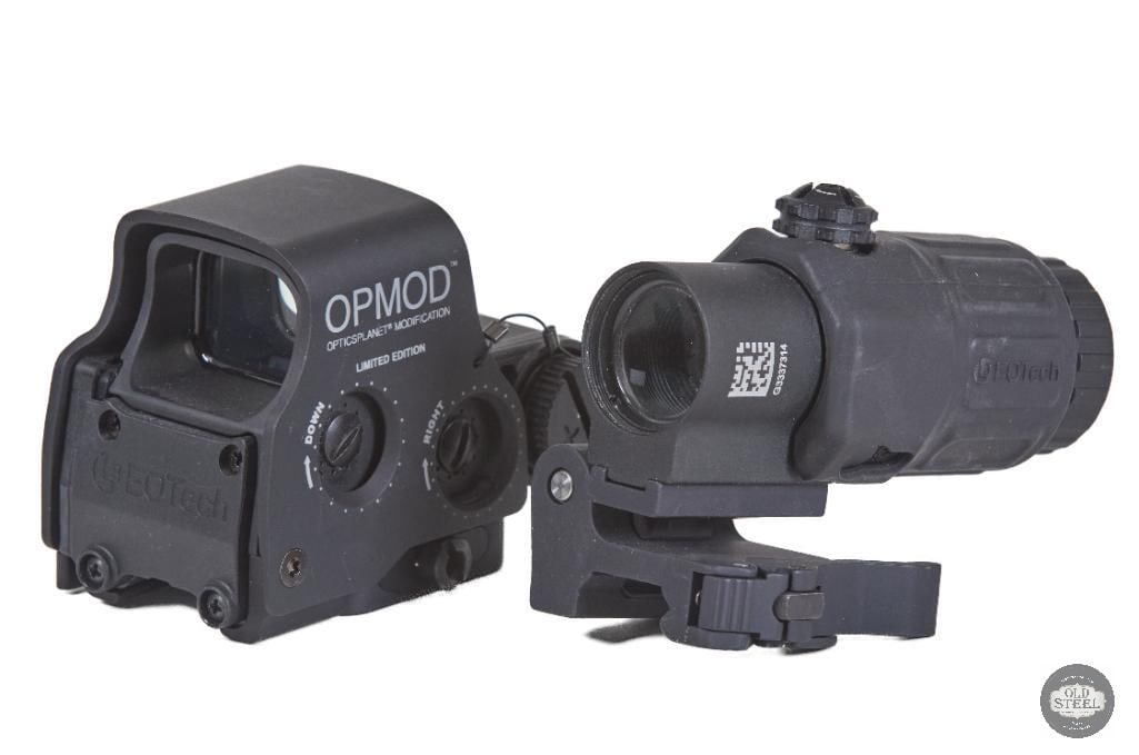 OPMOD EOTech Holographic Sight with EOTech Magnifier: This OPMOD EOTech holographic sight paired with an EOTech magnifier provides a versatile dual-optic setup designed for AR-platform rifles and other Picatinny-equipped firearms. The holographic sight o