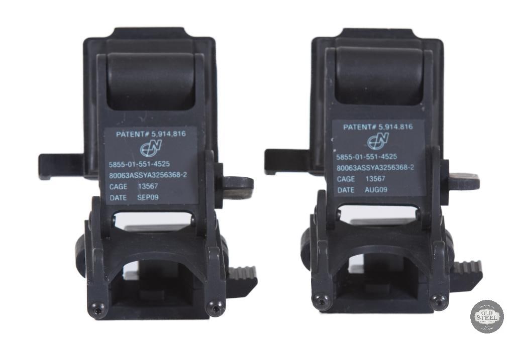 Lot of 2 Norotos RHINO Helmet Mounts NVG Mounting Systems: This lot includes two Norotos RHINO helmet mounts designed for attaching night vision devices to compatible helmet platforms such as ACH-style setups. Built for stability and secure device retention, 