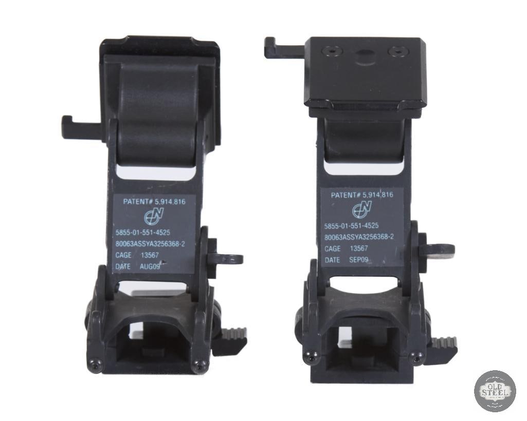Lot of 2 Norotos RHINO Helmet Mounts NVG Mounting Systems: This lot includes two Norotos RHINO helmet mounts designed for attaching night vision devices to compatible helmet platforms such as ACH-style setups. Built for stability and secure device retention, 