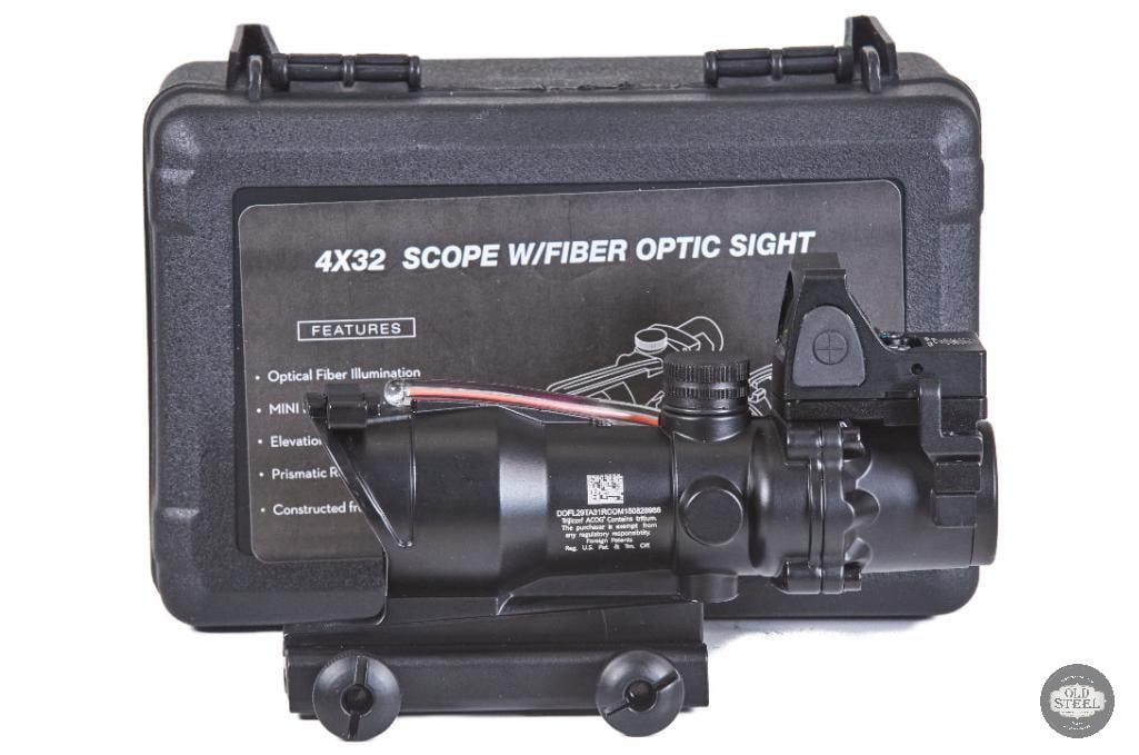 ACOG-Style Prism Scope with RMR-Style Mini Red Dot Training Use Optic Combo: This ACOG-style prism scope paired with an RMR-style mini red dot provides a dual-optic training setup designed for AR-platform rifles and other Picatinny-compatible firearms. The primary optic offers