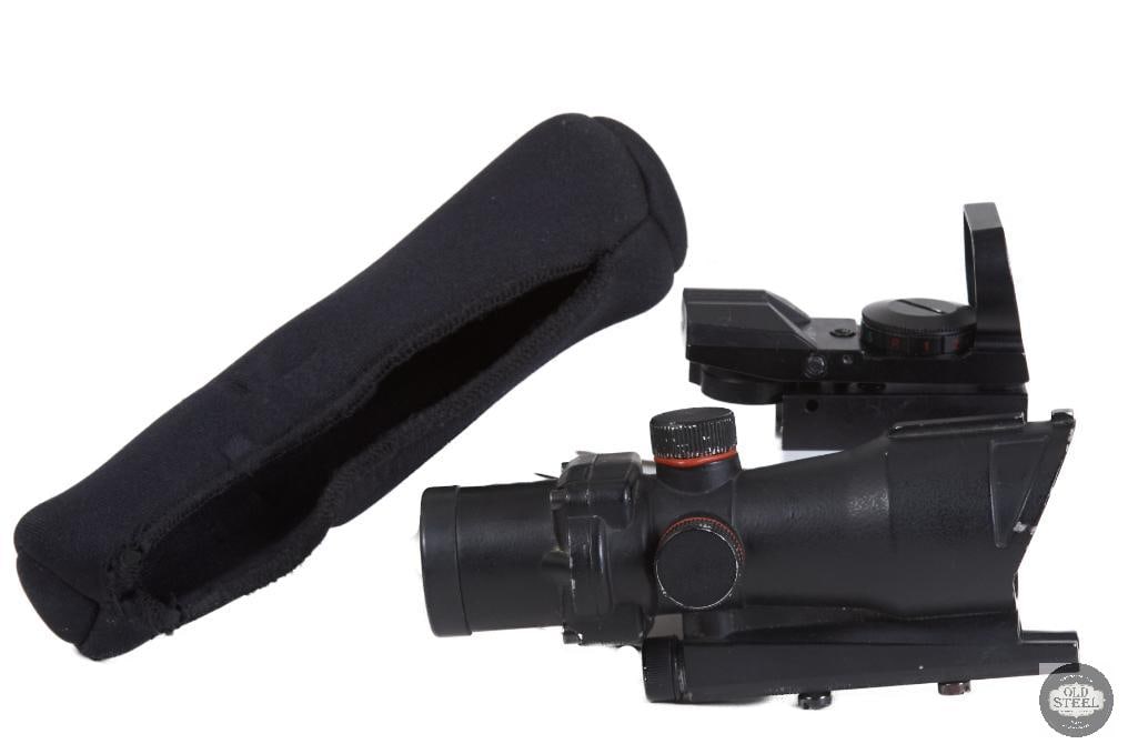 Lot of 2 Budget Red Dot Optics ACOG-Style & Panoramic Reflex Sight: This lot includes two budget-friendly red dot optics designed for Picatinny rail-equipped firearms. One optic features an ACOG-style housing without a thumbscrew mount, intended for basic rail attachm