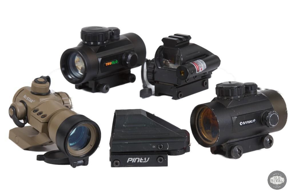 Lot of 5 Budget Red Dot Sights Picatinny Rail Optics: This lot includes five budget red dot sights designed for Picatinny rail-equipped firearms, offering simple and effective aiming solutions for a variety of shooting platforms. Ideal for AR-style rifle