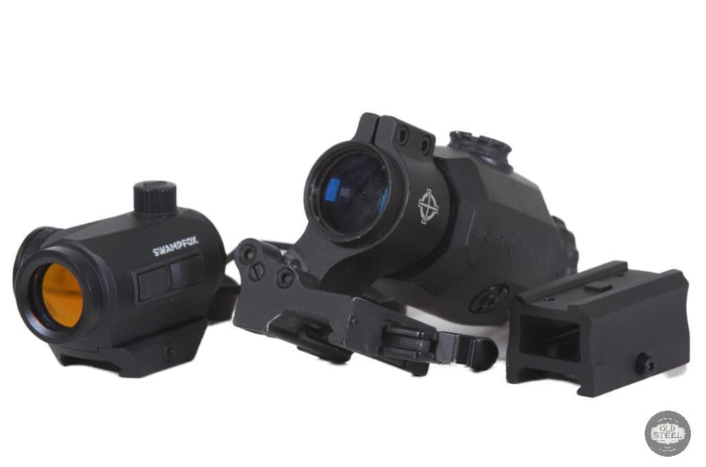 Swampfox Red Dot Sight with Riser & Sightmark Magnifier: This setup includes a Swampfox red dot sight paired with a riser mount and a Sightmark magnifier, creating a versatile close- to mid-range optic system for AR-platform rifles and other