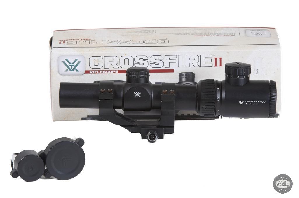 Vortex Crossfire II 1-4x24 LPVO with Mount: This Vortex Crossfire II 1-4x24 low power variable optic comes complete with a mount, providing a ready-to-install sighting solution for AR-platform rifles and other Picatinny-equipped firearms.