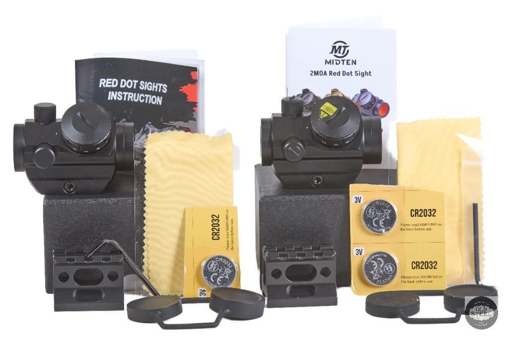 Lot of 2 Micro Red Dot Sights with Boxes: This lot includes two micro red dot sights, each supplied with its original box. Designed for compact and lightweight mounting on Picatinny rail systems and compatible firearm platforms, these optics