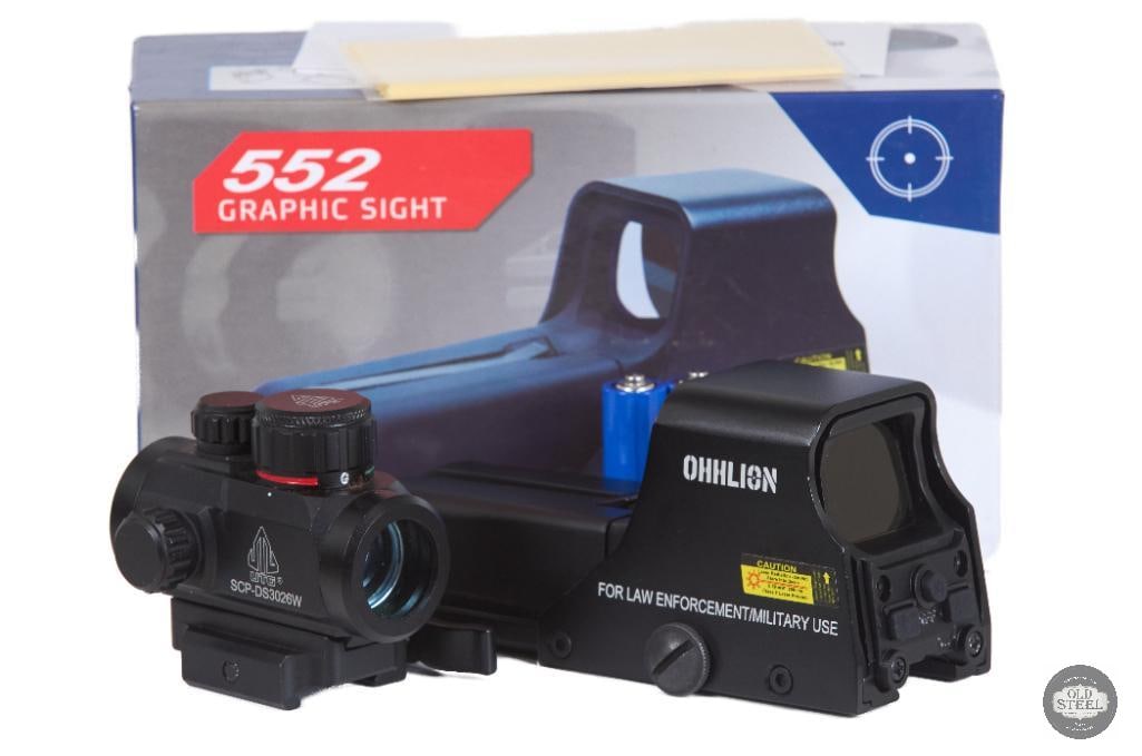 Lot of 2 Red Dot Sights: This lot includes two budget red dot sights designed for training use and general range applications. Built for Picatinny rail-equipped firearms, these optics provide fast target acquisition through