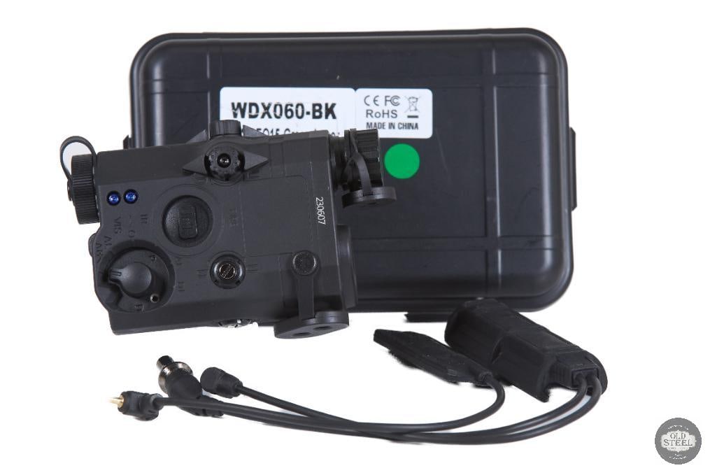 PEQ-15 Style Tactical Laser Aiming Module (Black) with Dual Pressure Pad: This PEQ-15 style tactical laser aiming module is a replica/training unit designed for mounting on standard Picatinny rail systems. Finished in black, it replicates the external form factor of the