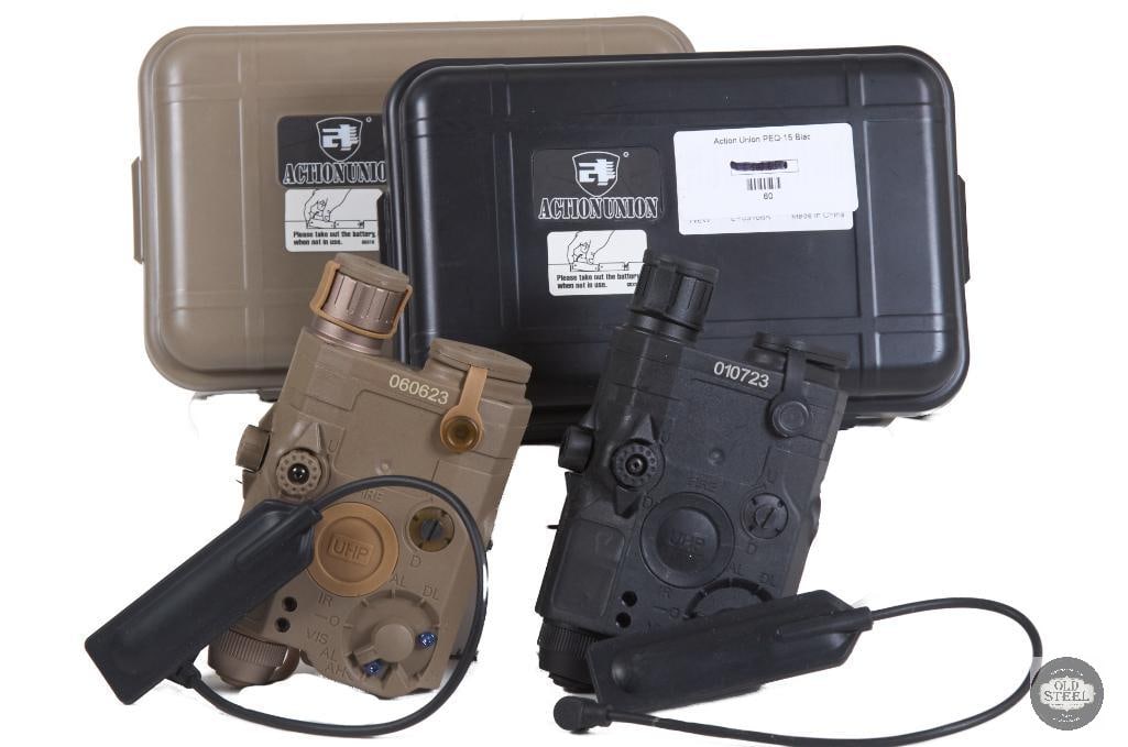 Lot of 2 LA-5 UHP Style Tactical Laser Units (Black & FDE): This lot includes two LA-5 UHP style tactical laser aiming devices, offered in black and Flat Dark Earth (FDE) finishes. Designed as replica/training units for Picatinny rail-equipped platforms,