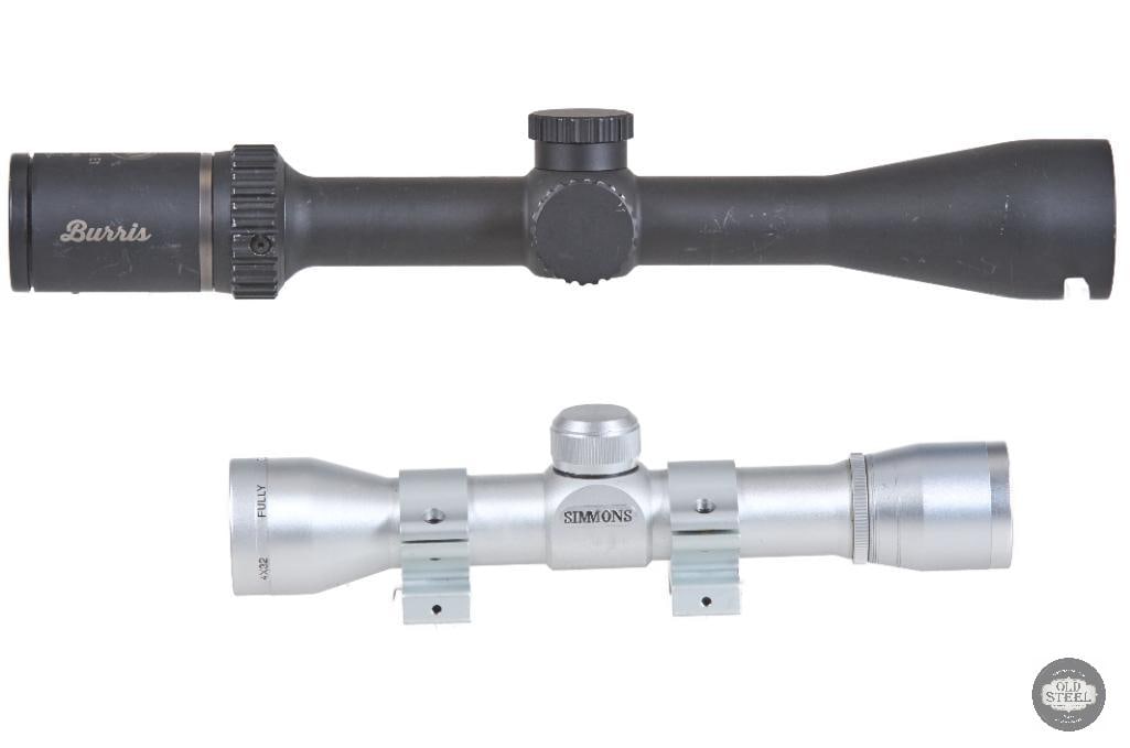 Lot of 2 Rifle Scopes Burris 3-9x40 & Simmons 4x32 Long Eye Relief Scope with Rings: This lot includes two rifle scopes along with mounting rings, offering a versatile optics package for a variety of shooting applications. Included is a Burris 3-9x40 variable-power scope, well-suited 