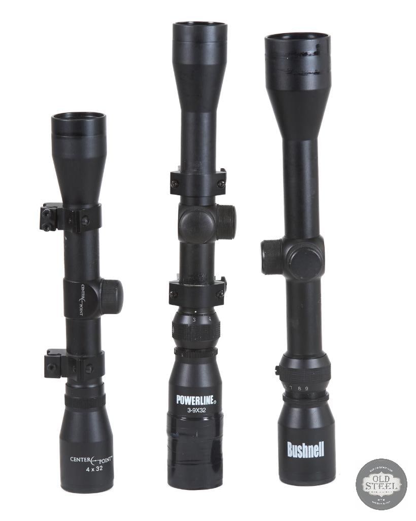 Lot of 3 Rifle Scopes CenterPoint 4x32, Powerline 3-9x, & Bushnell 3-9x: This lot includes three rifle scopes, offering a versatile assortment of optics for hunting, target shooting, and general-purpose firearm applications. Included is a CenterPoint 4x32 fixed-power scope