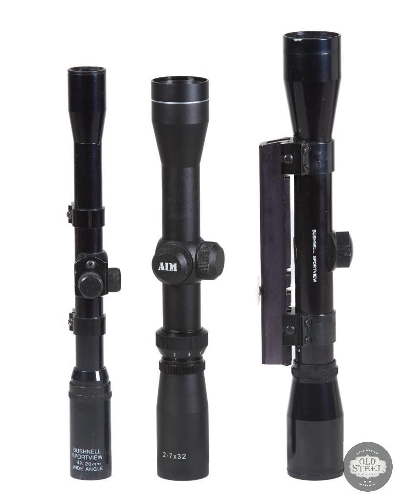 ot of 3 Rifle Scopes Bushnell Sportview 4x, AIM 2-7x32 & AR Carry Handle Mount: This lot includes three rifle scopes, offering a mix of fixed and variable-power optics suitable for hunting, range shooting, and general-purpose firearm use. Included is a Bushnell Sportview 4x