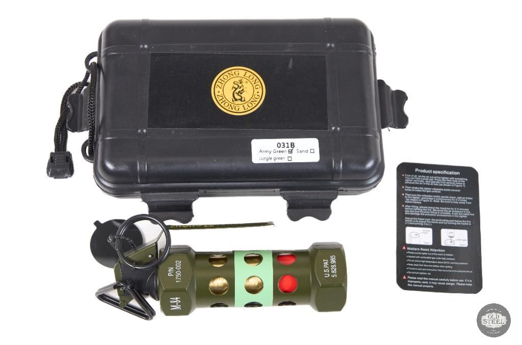 M84 Style Replica Flashbang Grenade Training/Display Device: This M84-style replica flashbang grenade is a non-functional training and display unit designed to replicate the appearance of the military diversionary device. Built in the familiar cylindrical form
