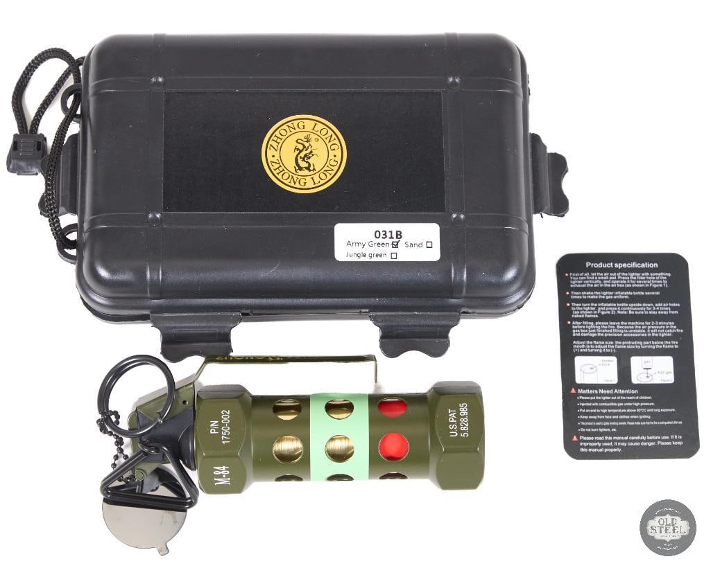 M84 Style Replica Flashbang Grenade Training/Display Device: This M84-style replica flashbang grenade is a non-functional training and display unit designed to replicate the appearance of the military diversionary device. Built in the familiar cylindrical form