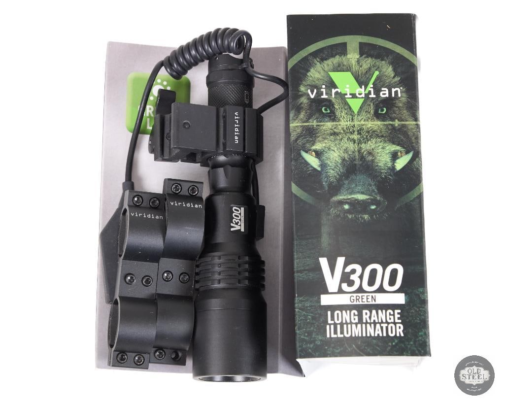 Viridian V300 Long Range Green Illuminator Tactical Rail-Mounted Light: This Viridian V300 long range green illuminator is a rail-mounted tactical lighting device designed to enhance visibility and target identification at extended distances. Featuring a high-intensity