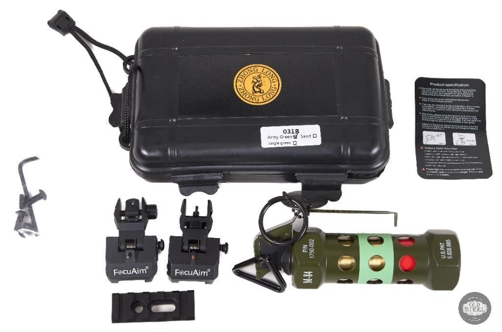Lot of FOCUAIM Backup Iron Sights & M84 Style Replica Stun Grenade (1 of 1)