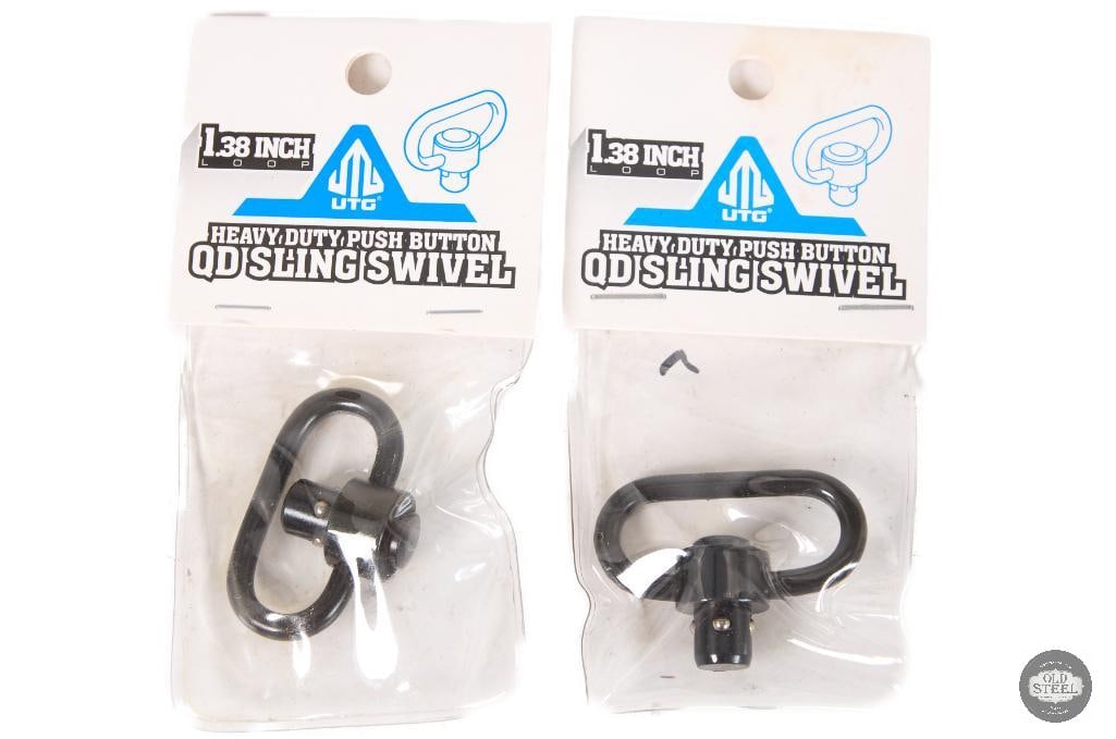 Lot of 2 UTG QD Rifle Sling Swivels Quick Detach Mounts: This lot includes two UTG quick-detach (QD) rifle sling swivels designed for use with compatible QD sockets on modern rifle platforms. Built for secure sling attachment and fast removal, these