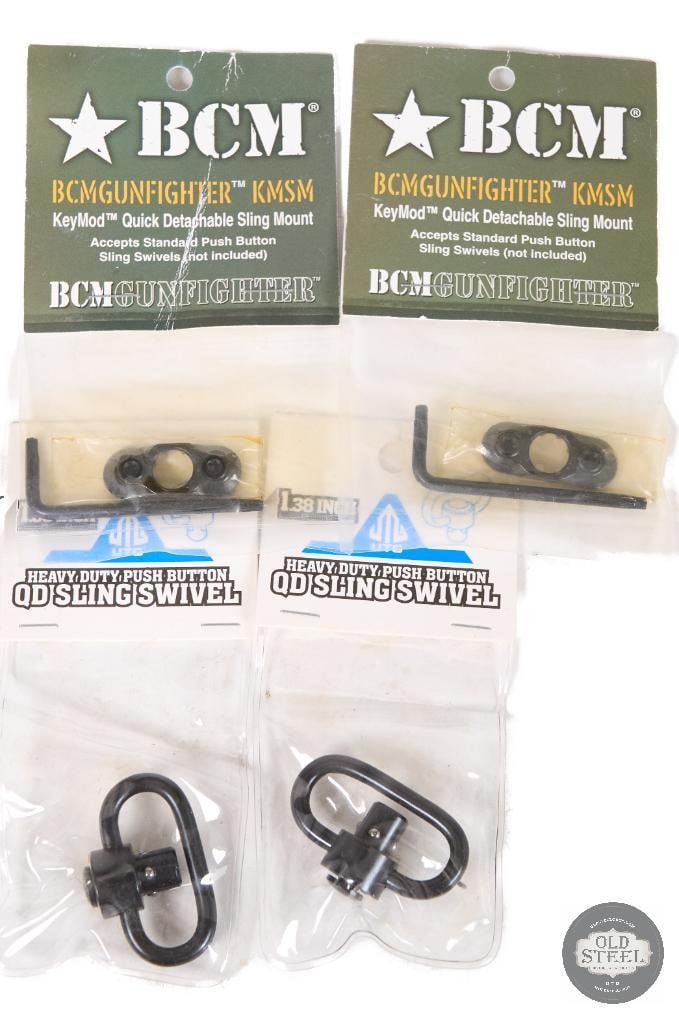Lot of 2 BCM KeyMod QD Sling Mounts & UTG Sling Swivels Rifle Sling Hardware: This lot includes two BCM KeyMod QD sling mounts along with UTG sling swivels, providing a versatile set of sling attachment hardware for KeyMod-compatible rifle handguards and QD sling setups. The BC