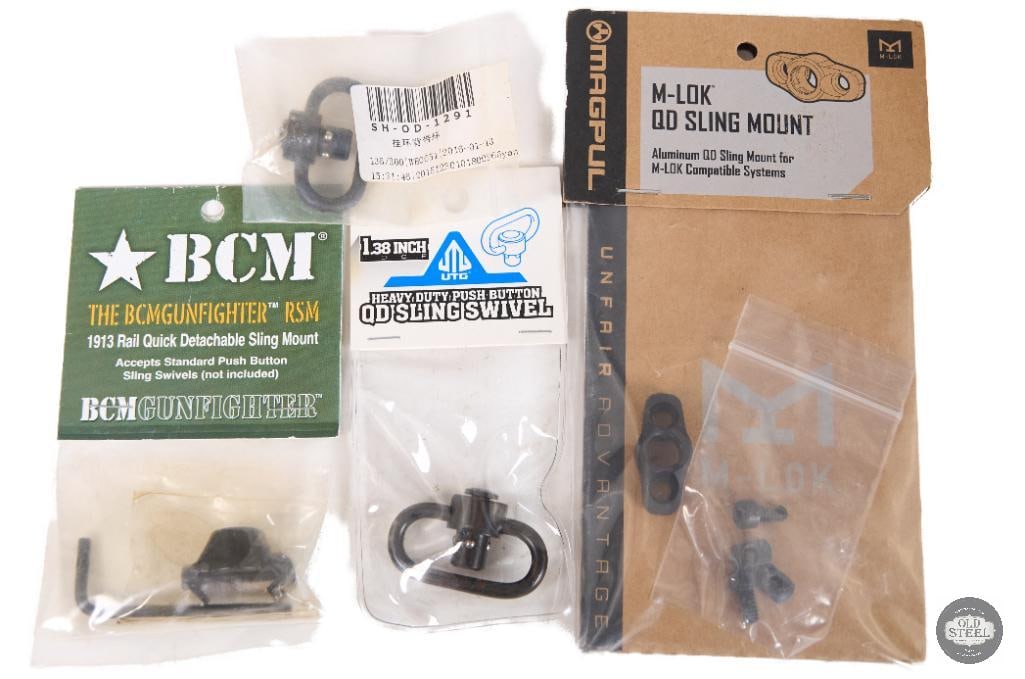 Lot of 2 QD Sling Swivels, BCM Picatinny QD Sling Mount & Magpul M-LOK QD Sling Mount: This lot includes a versatile selection of sling attachment hardware consisting of two QD sling swivels, one BCM Picatinny QD sling mount, and one Magpul M-LOK QD sling mount. Designed for use across