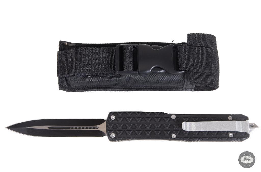 Black Dagger Edge OTF Knife Double-Edge Automatic Out-the-Front Knife: This black OTF (out-the-front) knife features a striking double-edge dagger-style blade and a streamlined tactical profile. Designed with a front-deploying automatic mechanism, the blade extends and r