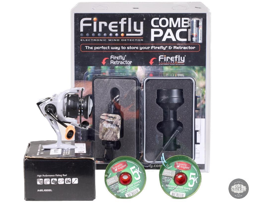 Lot of Fishing & Hunting Accessories Reel, Fishing Line & Firefly Wind Detector: This lot includes a mixed selection of fishing and hunting-related accessories, providing useful gear for outdoor enthusiasts and field use. Included is a fishing reel, a spool of fishing line, and a 