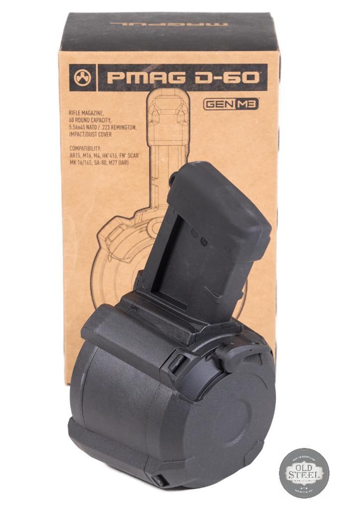 Magpul PMAG D-60 Magazine 5.56 NATO / .223 Remington: This Magpul PMAG D-60 is a 60-round drum magazine designed for AR-15/M4-platform rifles chambered in 5.56 NATO or .223 Remington. Engineered for high-capacity reliability, it features Magpuls proven