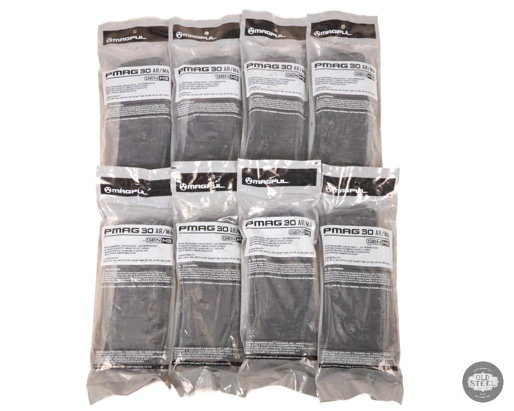Lot of 8 Magpul PMAG 30-Round Magazines Black AR-15 Magazines: This lot includes eight Magpul PMAG 30-round magazines in black, designed for AR-15 platform rifles chambered in 5.56/.223. Known for their durable polymer construction and reliable feeding