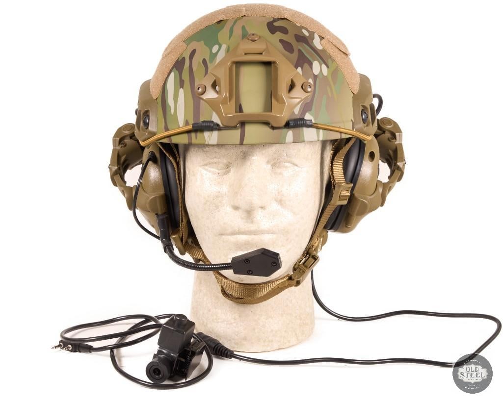 Multicam Bump Helmet with Hearing Protection & Communications Integrated Headset System: This Multicam bump helmet setup includes integrated hearing protection and communications equipment, providing a complete headborne system for training, range use, and field communication