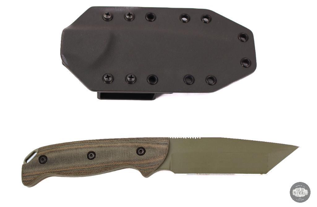 Castlegate Custom Fixed Blade Knife 4 Tanto Blade, Green Cerakote, Micarta Handles with Kydex: This custom fixed blade knife features a 4-inch tanto-style blade finished in green Cerakote for enhanced durability and corrosion resistance. Built with a strong, reinforced tip and practical